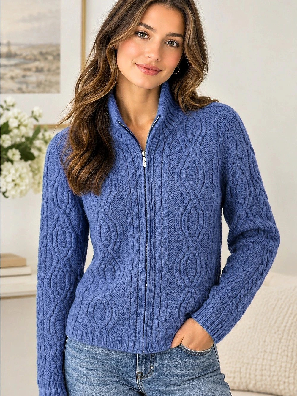 Aran Crafts 100% Merino Wool cable knit zip cardigan in Blue Like New
